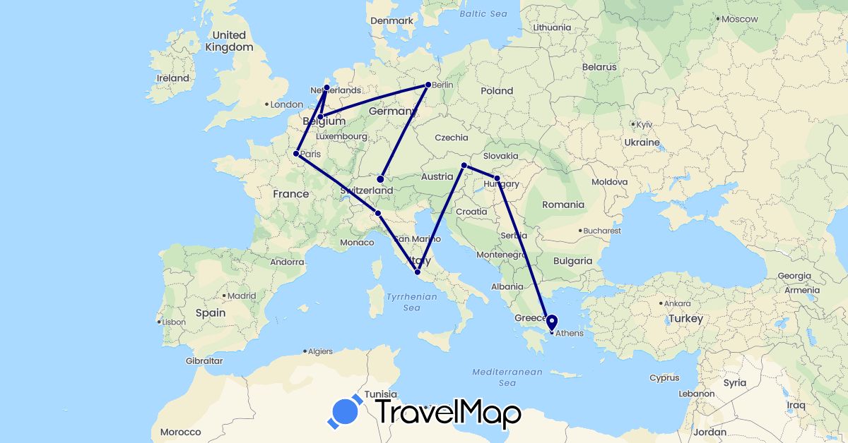 TravelMap itinerary: driving in Austria, Belgium, Switzerland, Germany, France, Greece, Hungary, Italy, Netherlands (Europe)